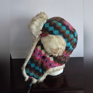 Vison Colorful Knit Trapper Hat with Faux Fur Womens 24 in.Head Shape